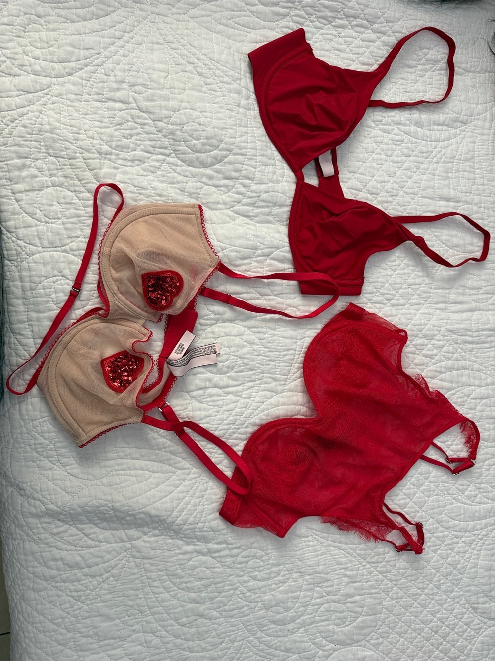 Victoria's Secret Red & Beige Lace Accent Bra Trio